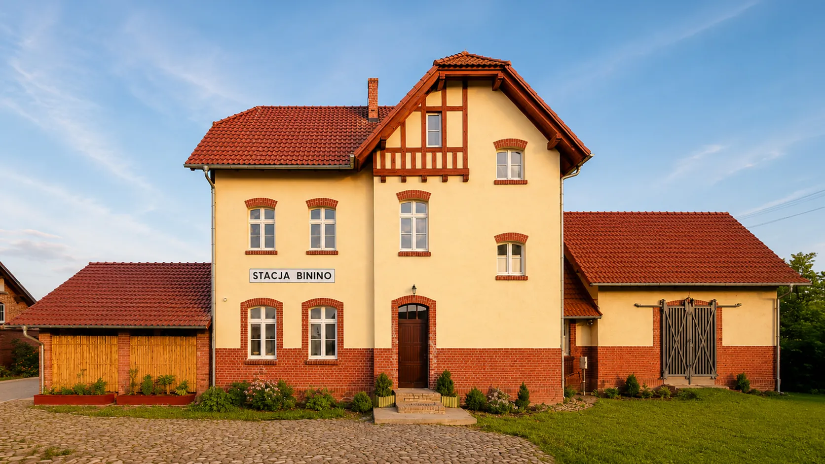Wyremontowany budynek Stacji Binino w wieczornym słońcu
